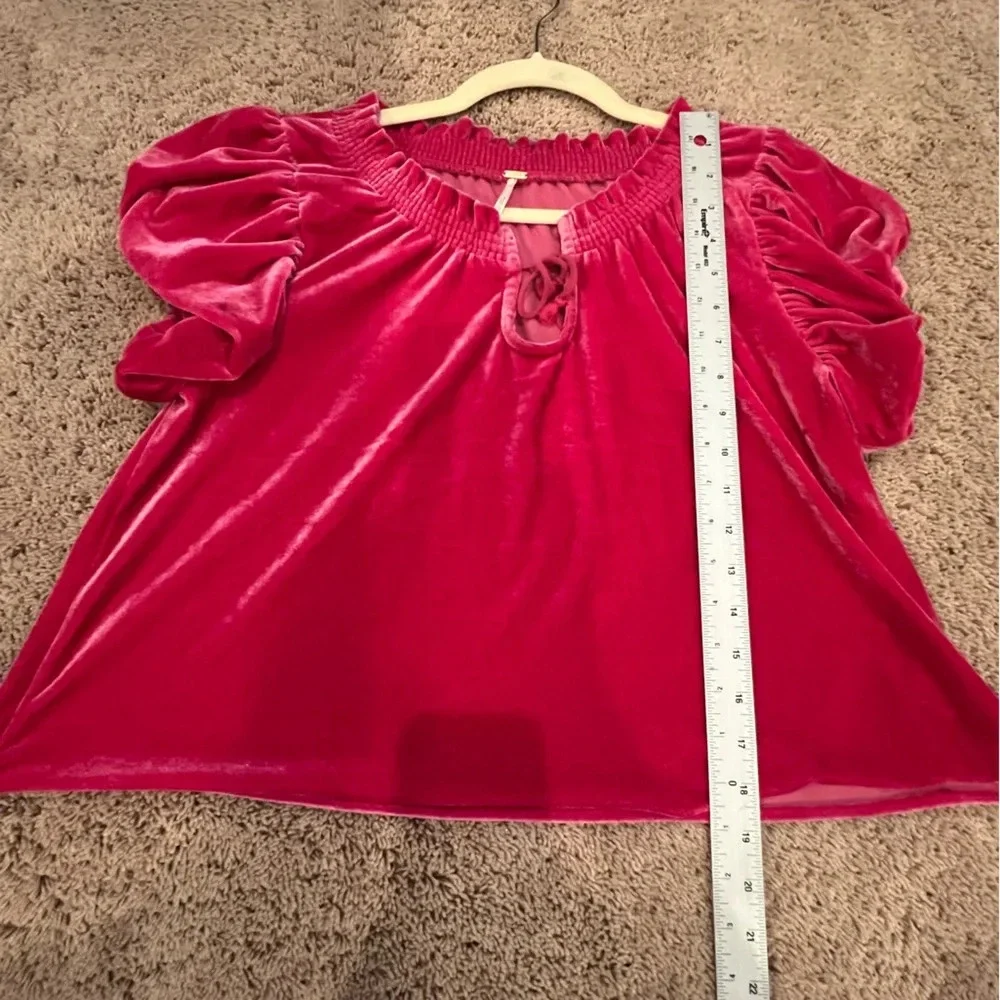 FREE PEOPLE Terese velvet puff sleeve top SMALL shirt sleeves bright pink blouse